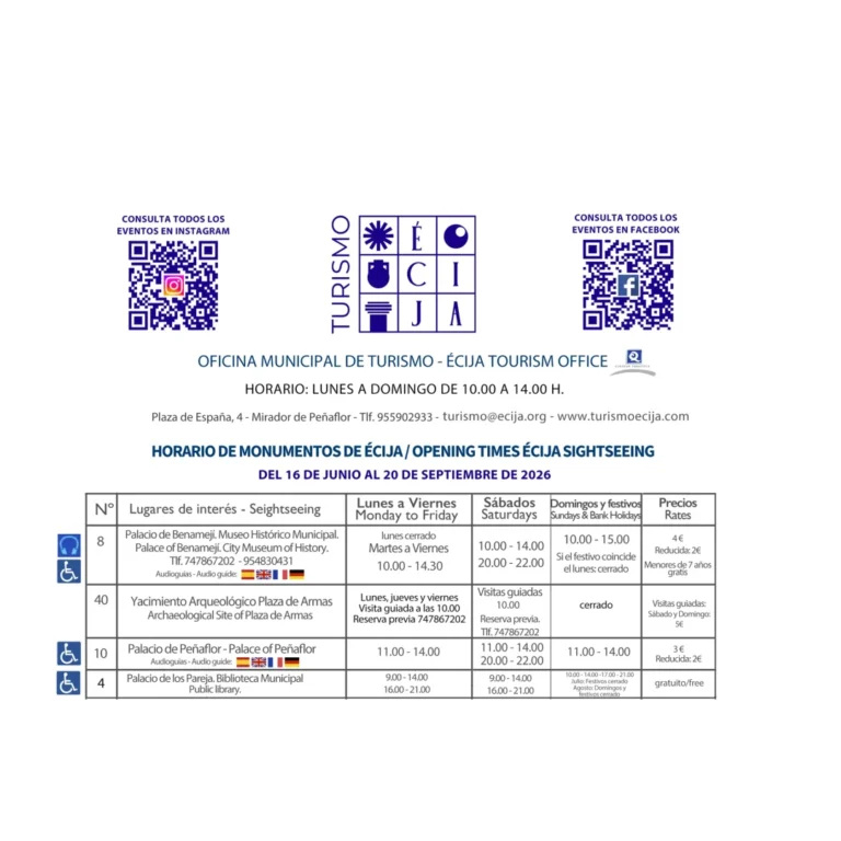 Horarios monumentos Écija Verano 2026